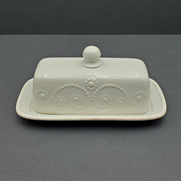 Lenox French Perle Covered Butter Dish Embossed Beaded Scroll Butter Dish